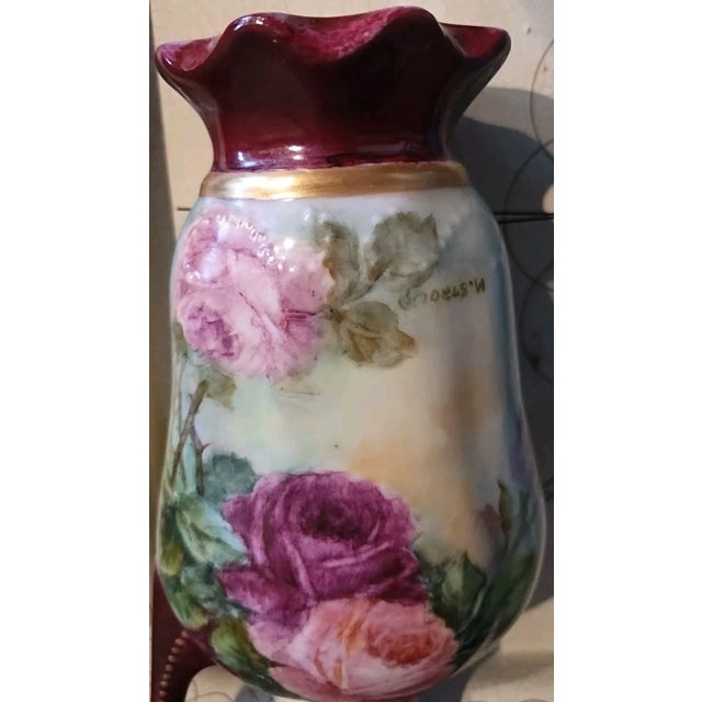 Early 20th Century Regency Hand Painted Vase Pitcher Burgundy Pink Hand Painted Roses Footed Artist M. Stroud For Sale - Image 5 of 7
