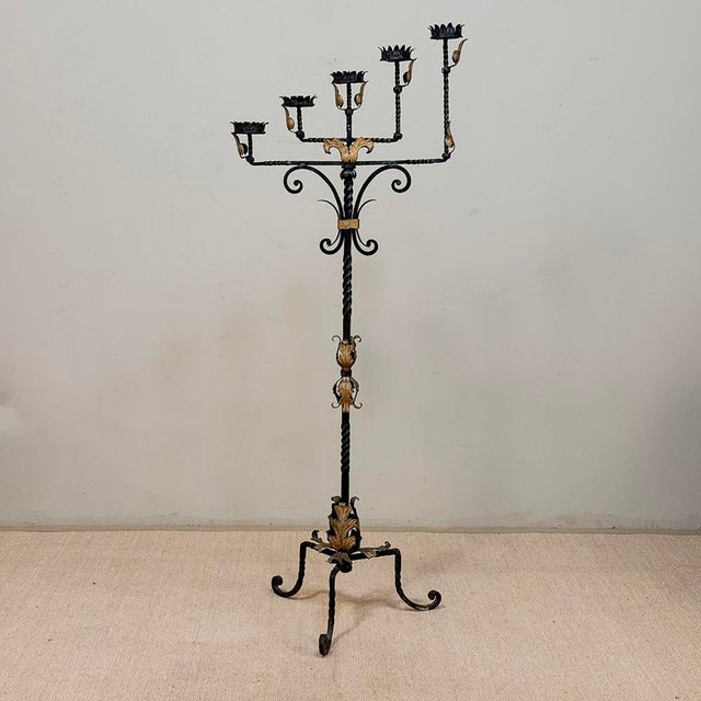 Charcoal Spanish Revival Hand Forged Iron and Brass Torchère ~ Floor Candelabra For Sale - Image 8 of 18