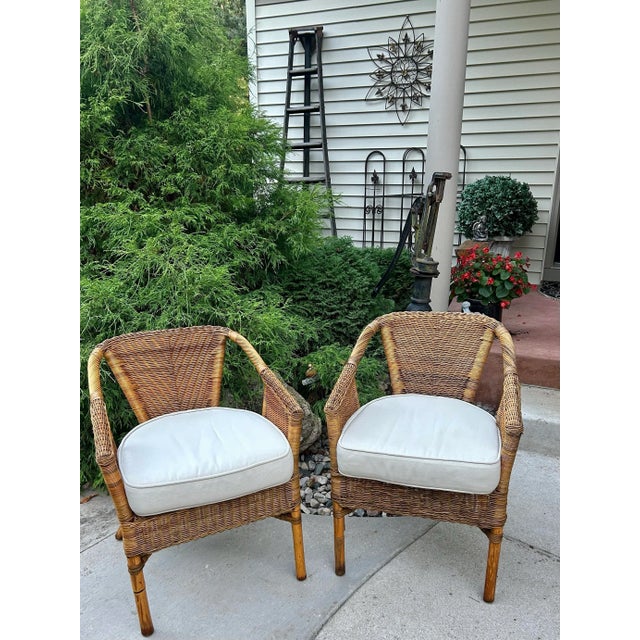 Tan Two Wicker, Rattan and Bamboo Boho Chic Style, Arm Chairs, W/Tan Cushions, 1990’s For Sale - Image 8 of 12