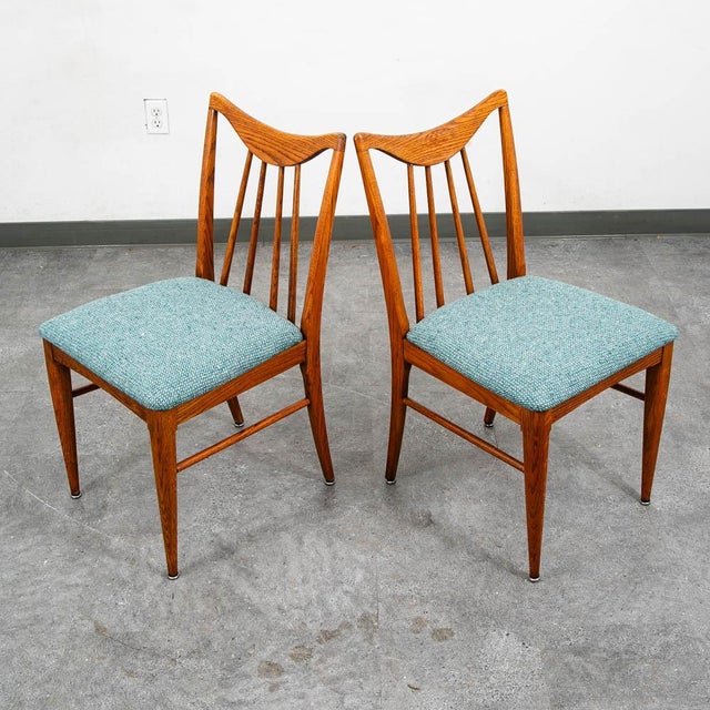 Mid Century Modern Dining Chairs Set 3 Solid Oak Keller Furniture Aqua Blue MCM For Sale - Image 4 of 12