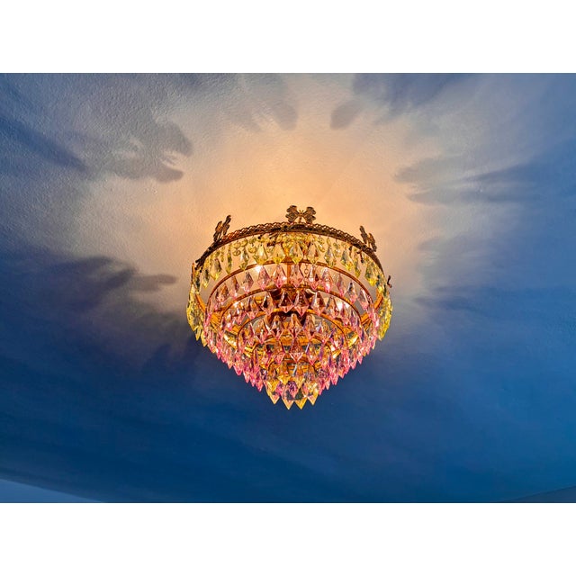 1970s Vintage Brass Butterfly Motif Flush Mount Chandelier With Pink & Green Crystals – 6 Light For Sale - Image 10 of 14