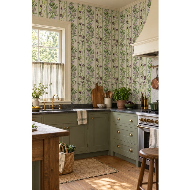 Traditional Artichoke Stem Stripe Grasscloth Wallpaper by House Party | Terra Verde | 6 Yards For Sale - Image 3 of 12