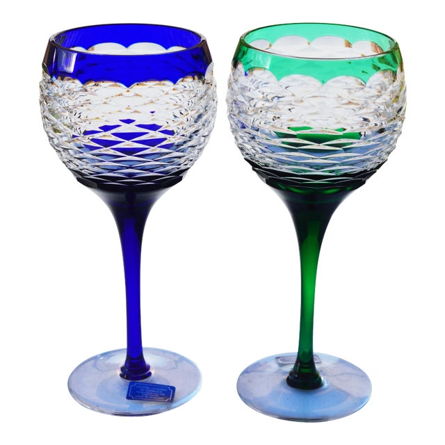 Mid-Century Blue & Green Crystal Stems- a Pair For Sale