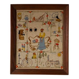 Vintage Framed Needlepoint Textile Wall Art With Whimsical Domestic Scene For Sale