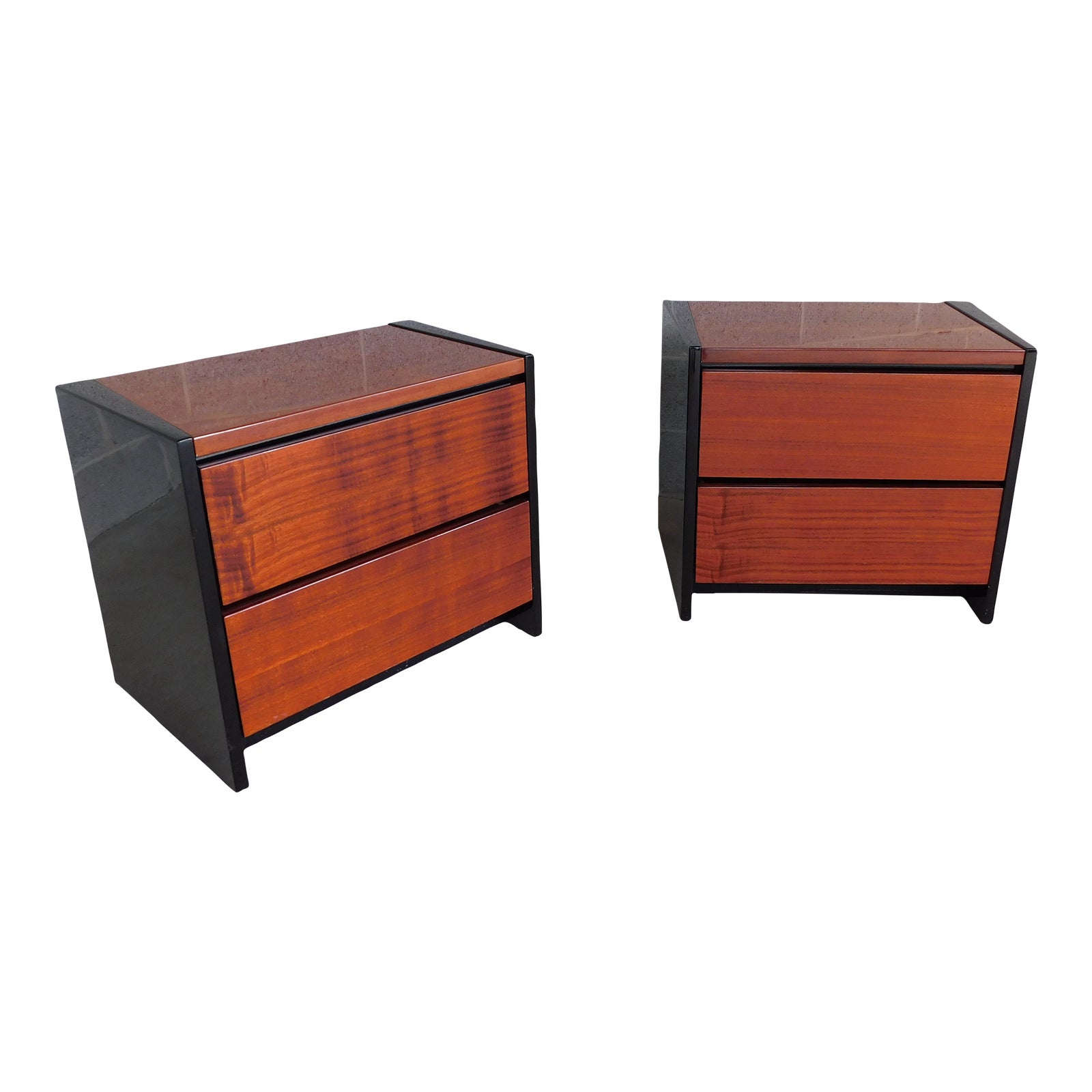 Henredon Modern Contemporary Black Lacquer Exotic Wood Nightstands a