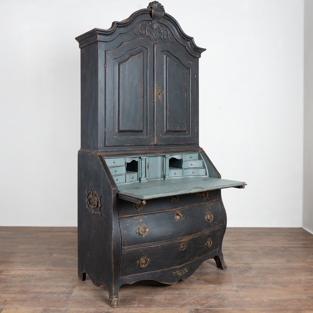 19th-century baroque oak secretary with a newer professionally applied black painted exterior finish, lightly distressed...