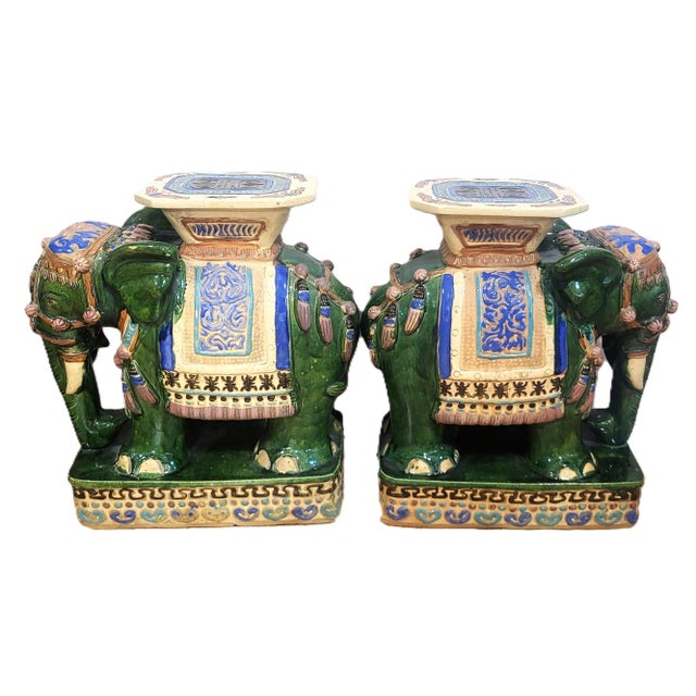 Chinese Pair Vintage Chinese Asian Glazed Terracotta Elephant Garden Stool Table Benches For Sale - Image 3 of 18