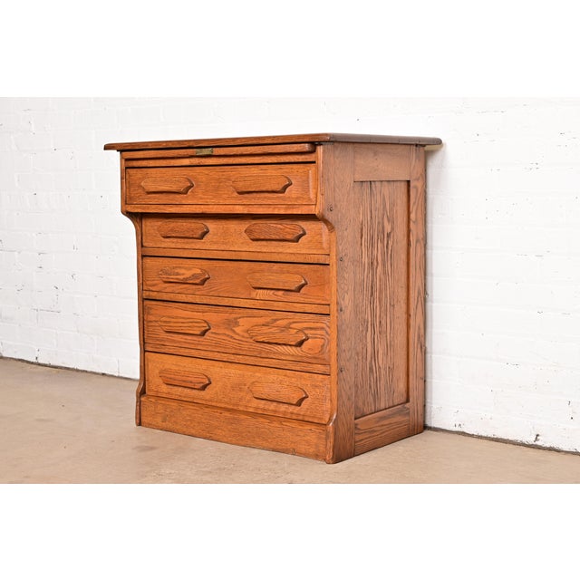 Antique Arts & Crafts Carved Oak Five-Drawer Flat File or Chest of Drawers, Circa 1900 For Sale - Image 14 of 14