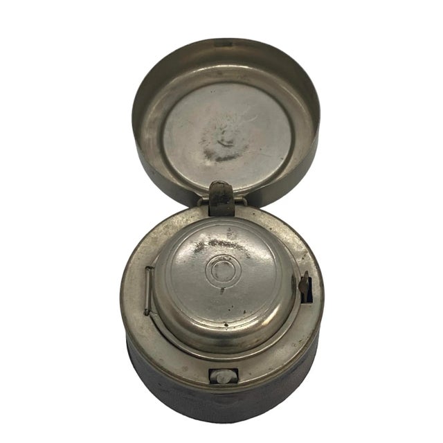 Early 20th Century Early 20th Century Leather and Metal Travel Inkwell With Two Hinged Lids and Crystal Glass Insert For Sale - Image 5 of 13