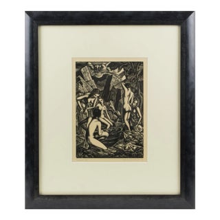 The Bathers, Wood-Engraving Drawing Lithograph by John Buckland-Wright For Sale