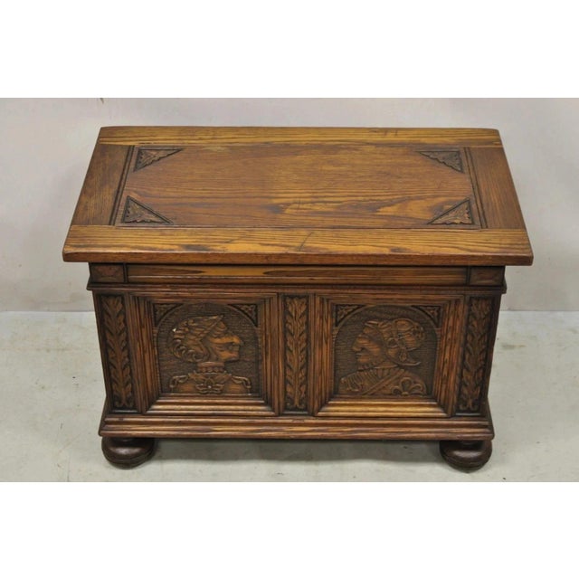 Antique Jacobean Oak Wood Figural Bust Carved Blanket Chest Trunk on Bun Feet For Sale - Image 11 of 11