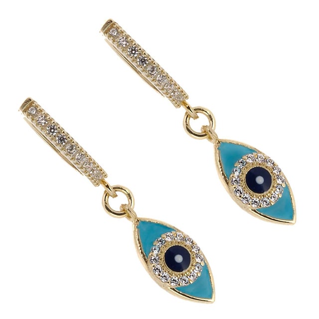 Turquoise Sparkly Evil Eye Gold Plated Earrings, A Pair For Sale - Image 4 of 6