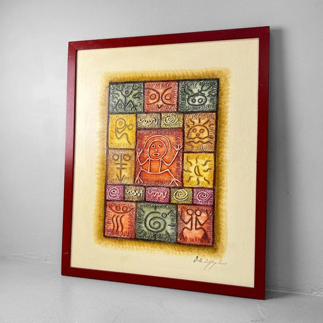 Set of four colorful oil paintings with relief on canvas, each mounted in a solid wooden frame with a warm reddish-brown...