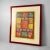 Set of four colorful oil paintings with relief on canvas, each mounted in a solid wooden frame with a warm reddish-brown...