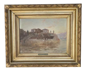 19th Century French River Landscape Oil Painting by Charles Munnier, Framed