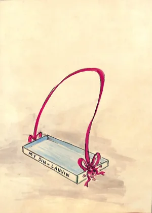 Lanvin Paris My Sin Perfume Tray with Ribbon C1950s Advertising Artwork