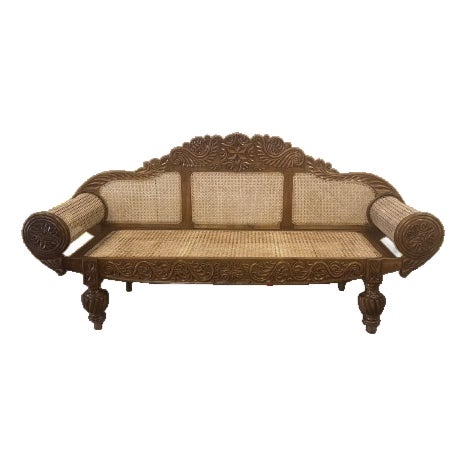 British Colonial Cane Settee With Hand-Carved Teak Wood Details For Sale