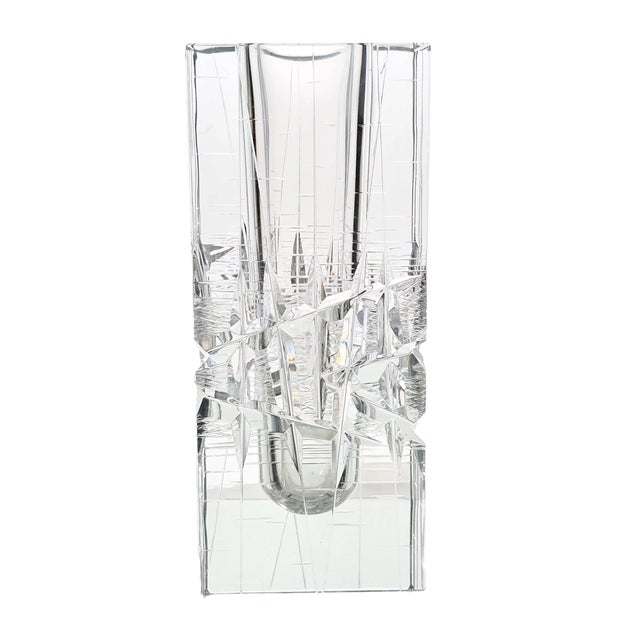 Japanese Fumio Sasa for Hoya Crystal “Ice Fall” Faceted Vase With Original Box, Museum Collection For Sale - Image 3 of 12