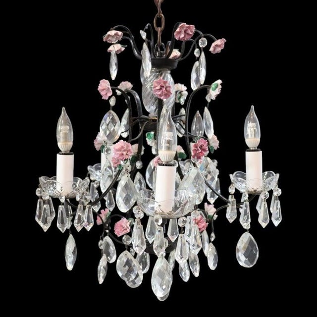 Vintage Crystal, Glass & Ebonized Iron 5-Light Chandelier With Porcelain Flowers For Sale - Image 4 of 11