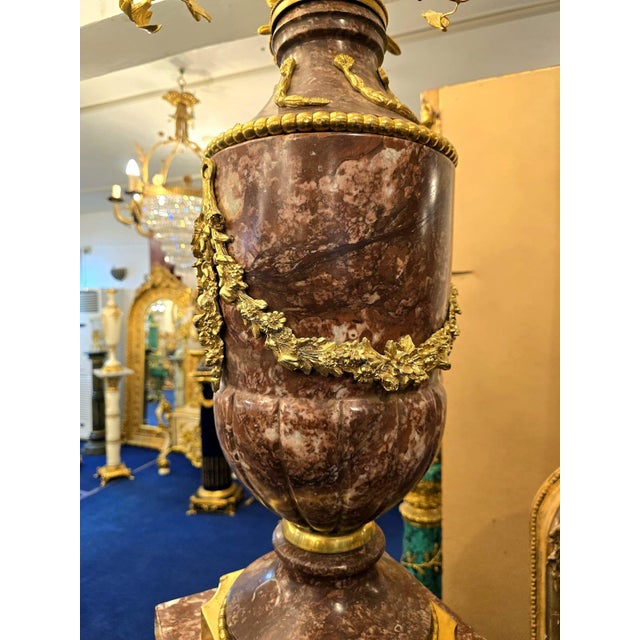 Bronze Louis XVI-Style Porcelain Pedestal Centerpiece Set of 2 With Floral Gold Leaf Details & Gilded Bronze Accents For Sale - Image 8 of 11