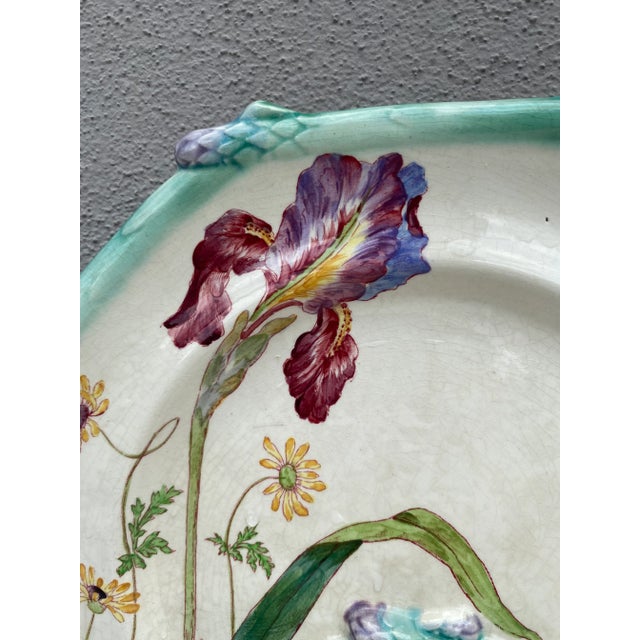 Rare 19th French Majolica Asparagus Octogonal Plate signed Iris Longchamp. Iris, dragonfly and yellow daisies.