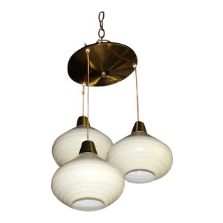 1960s Triple Art Glass Stripe Pattern Cone Shape Pendant Globe Light Fixture For Sale