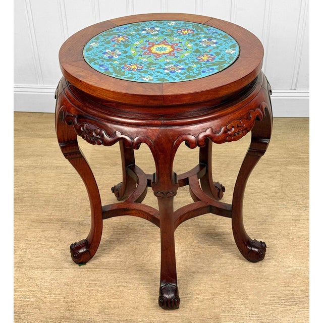 Chinoiserie Vintage Chinese Chinoiserie Cloisonne Round Plant Stand Table For Sale - Image 3 of 11