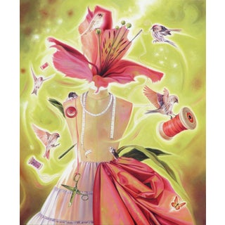 Spring Fashion by Sybiline | Oil on canvas Still life of a dress form with flowers and birds For Sale