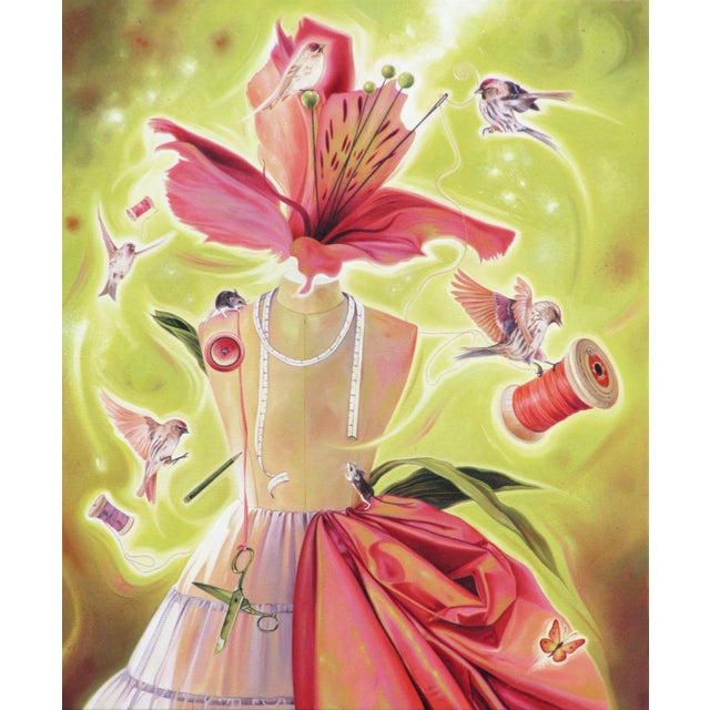 Spring Fashion by Sybiline | Oil on canvas Still life of a dress form with flowers and birds For Sale