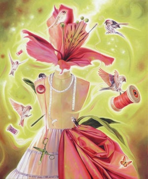 Spring Fashion by Sybiline | Oil on canvas Still life of a dress form with flowers and birds