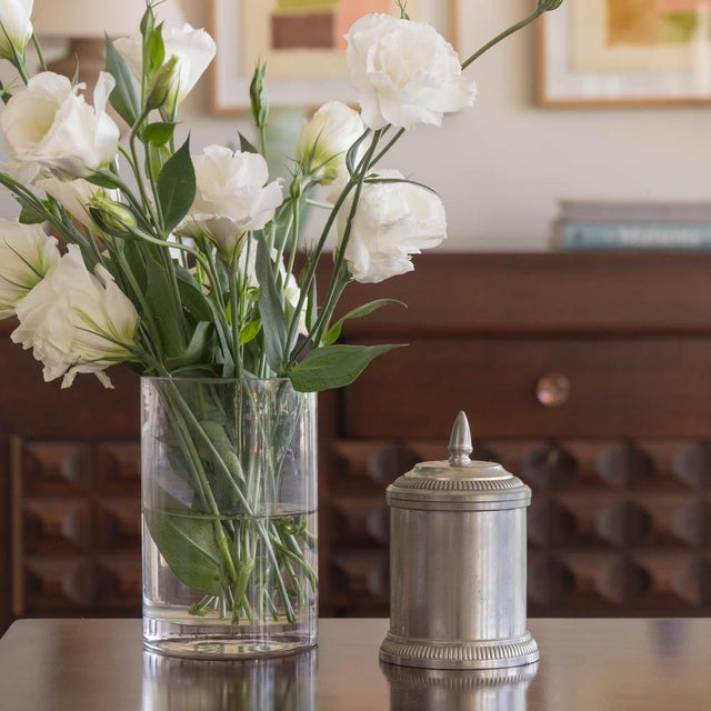 Beautiful pewter cannister from France, 1940s. Pewter cannister and lid with etched detail. Pewter divider within for...