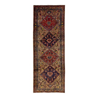 1960s Vintage Persian Heriz Blue Handmade Medallion Wool Runner For Sale