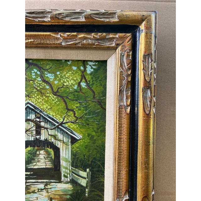 Late 20th Century Landscape Oil Painting, Covered Bridge Forest, Contemporary by Cerbone, Framed Carved Wood Linen Mat For Sale - Image 6 of 10