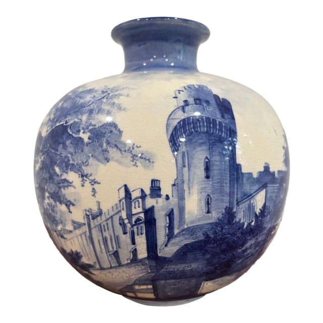 Antique Royal Bonn Germany Vase Castle Rhine Delft Blue White F. Mehlem C. 1900 For Sale