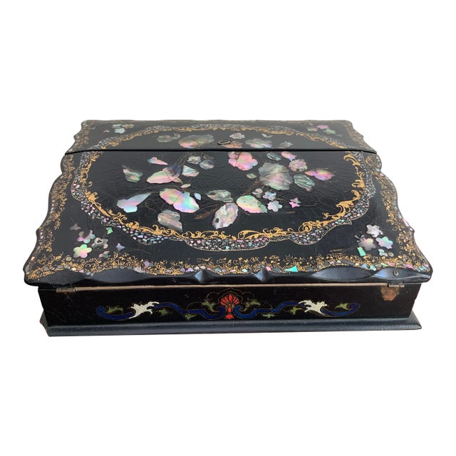 19th Century Antique Victorian Papier-Mâché & Mother of Pearl Lacquered Writing Slope, Lap Desk, Box. Original Velvet & Secret Compt. See Photos! For Sale