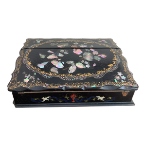 19th Century Antique Victorian Papier-Mâché & Mother of Pearl Lacquered Writing Slope, Lap Desk, Box. Original Velvet & Secret Compt. See Photos!