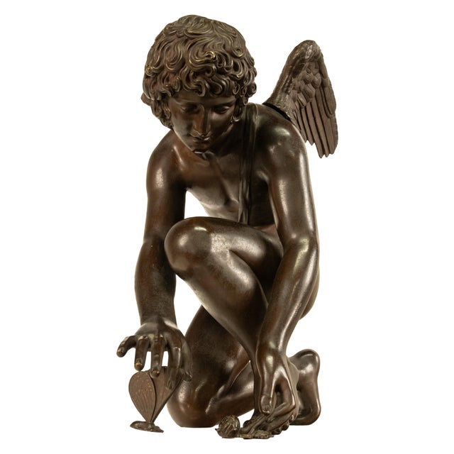 Monumental Antique French Bronze Sculpture Statue Cupid & Marble Ormolu Pedestal by Antoine-Denis Chaudet, 1870 - Set of 2 For Sale - Image 16 of 18