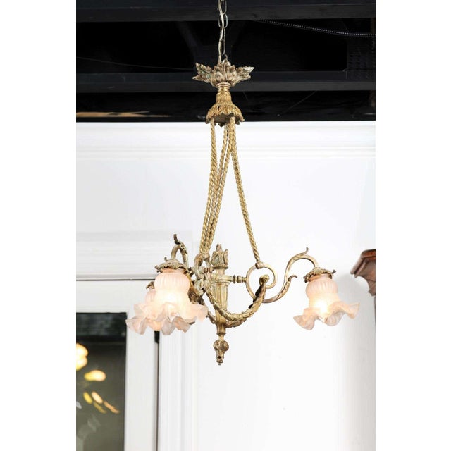 19th Century French Louis XVI Style 19th Century Bronze Three-Light Chandelier with Torch For Sale - Image 9 of 11