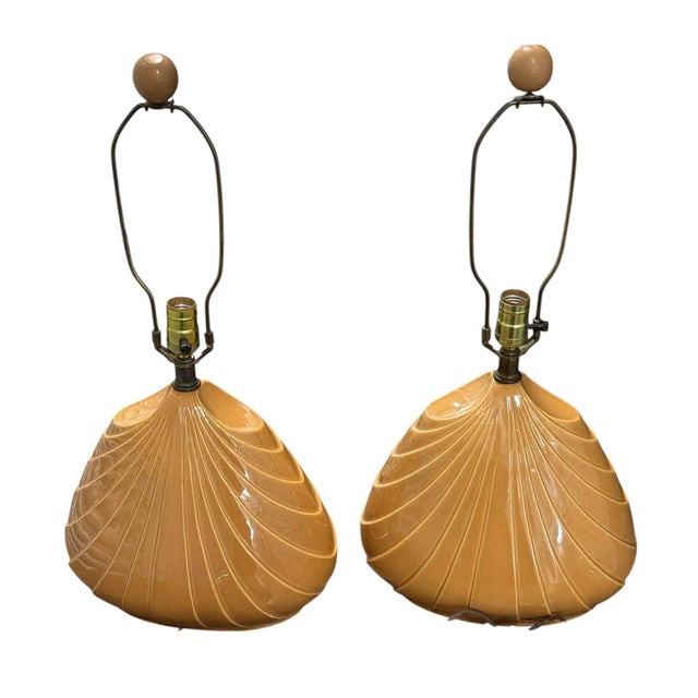 1980 Art Deco Shell Style Coral Tan Table Lamps- a Pair Each measure 13” x 26” x 8.5” including finial About 15.75” to...
