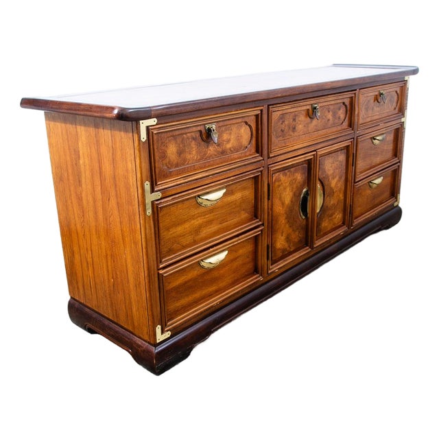 1960s Mid Century Modern Dresser Credenza Walnut 9 Drawer Wood Brass Handle MCM For Sale