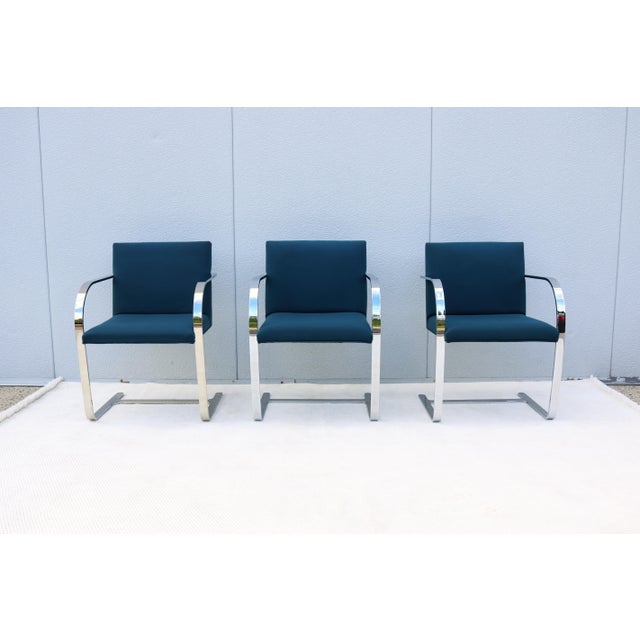 Blue Ludwig Mies Van Der Rohe Brno Flat Bar Chairs in Blue Fabric by Gordon, Set of 3 For Sale - Image 8 of 18