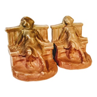 1920 Vintage Rookwood Girl on Bench William MacDonald Pottery Park American Art Deco Craft Matte Bookends - a Pair For Sale