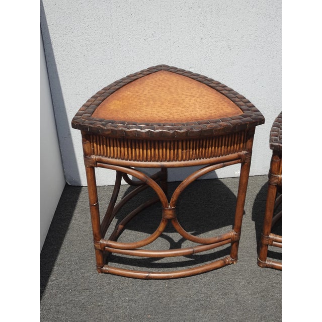 Set of Three Vintage Bamboo Coastal Rattan Leather Ostrich Nesting Tables Lh2 For Sale - Image 4 of 12