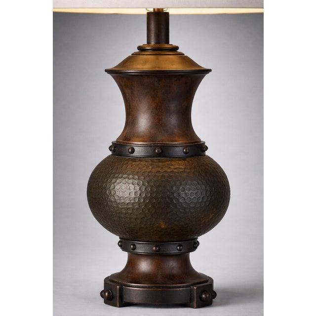 Late 20th Century Late 20th Century Sculptural Hammered Urn Table Lamps – Old World Bronze Finish, Linen Shades, 32” - a Pair For Sale - Image 5 of 7