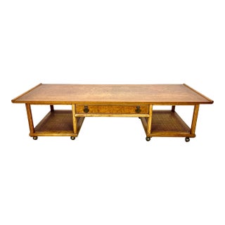 Mid Century Modern Burl Wood & Cane Coffee Table by Thomasville For Sale