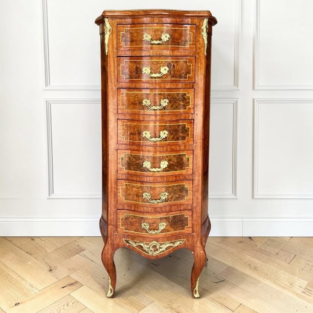 Louis XV Style Semainier Chest | Vintage Lingerie Chest | European-Inspired Statement Piece | Burl Walnut For Sale - Image 11 of 11