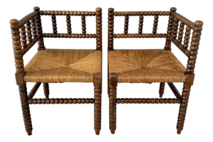 Exceptional Pair of French Oak Bobbin Corner Chairs