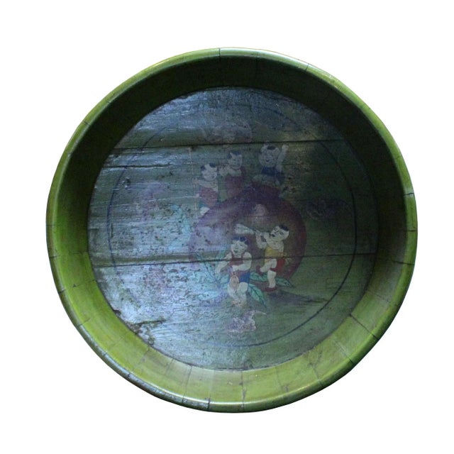 Chinese Vintage Distressed Green Graphic Round Shape Wood Bucket For Sale In San Francisco - Image 6 of 7