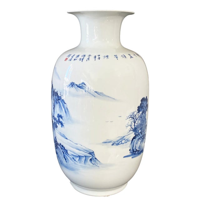 No words to describe the beauty of this hand painted large chinoiserie Blue and White Vase decorated with amazing...