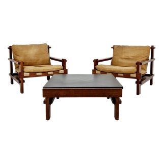 Mid-Century Lounge Chairs and Coffee Table in Leather and Wood by Carl Straub, Germany, 1960s, Set of 3 For Sale